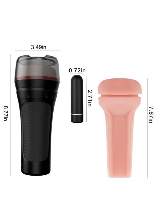 Masturbador negro con funda interior en tono piel y bala vibradora incluida, visto con medidas