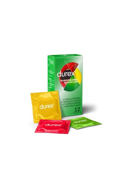 Caja de preservativos Durex Saboréame con sobres de colores y sabores frutales, 12 unidades
