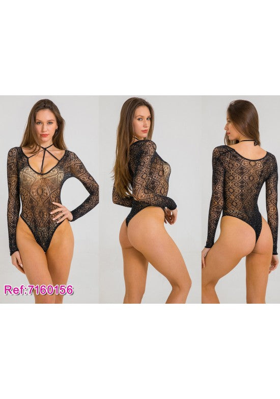 Body negro de encaje geométrico con cuello halter cruzado y manga larga