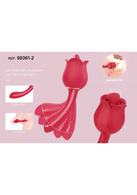 Vibrador en forma de rosa roja con brazo articulado rotatorio y estimulador clitorial