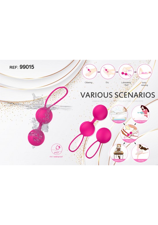 Bolas Kegel dobles de silicona rosa fucsia con aro de recuperación, resistentes al agua IPX7
