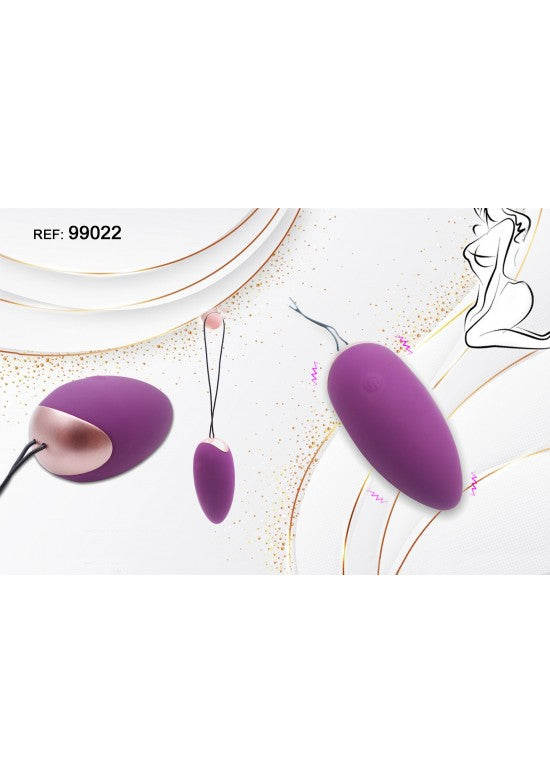 Huevo vibrador lila con mando inalámbrico rosado y cable de carga USB
