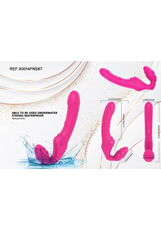 Estimulador doble de silicona rosa fucsia impermeable IPX7 con dos cabezales