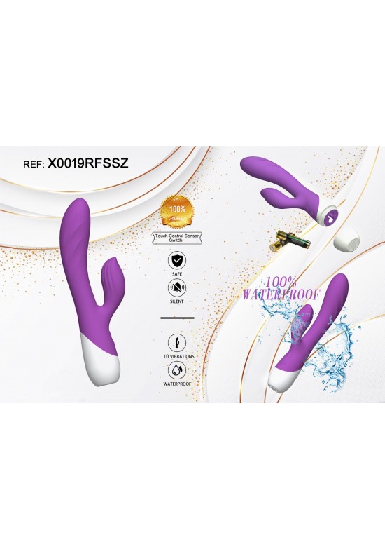 Estimulador doble de silicona lila y blanco waterproof con control táctil y 10 modos de vibración