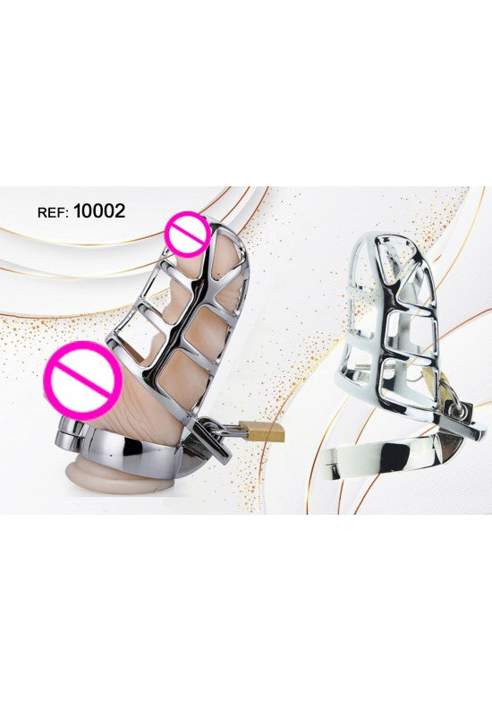 Jaula de castidad masculina metálica plana cromada con cinturón ajustable y cerradura