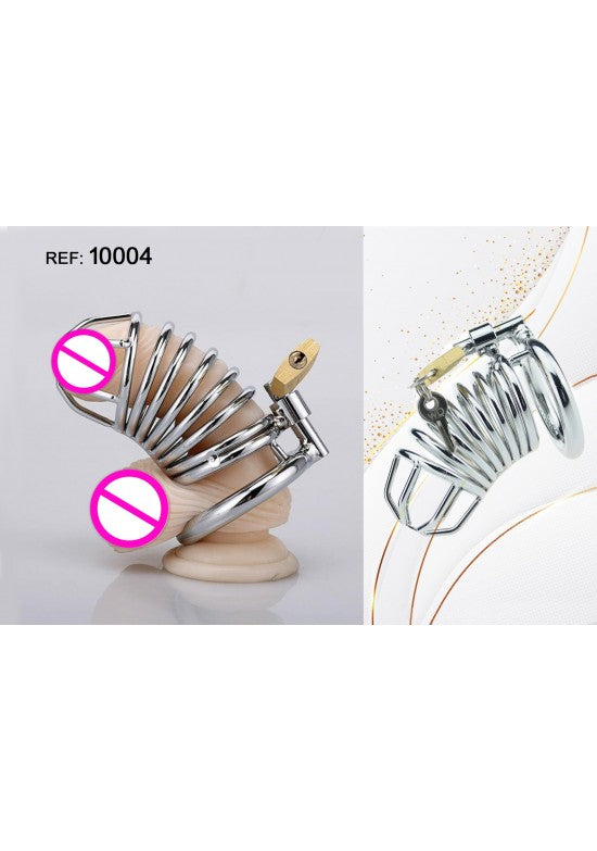 Jaula de castidad masculina metálica cromada con estructura en espiral y cerradura