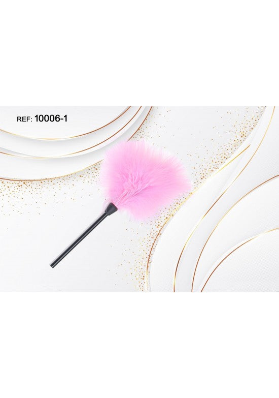 Plumero de plumas rosas con mango negro para juego sensorial y disfraz adulto
