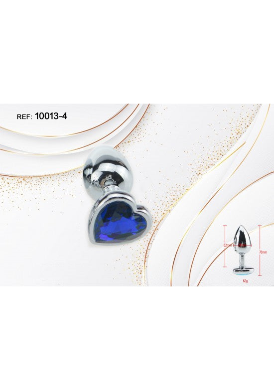 Plug anal metálico plateado con joya en forma de corazón azul en la base
