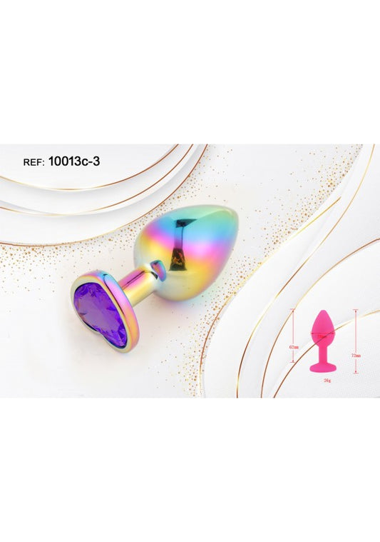 Plug anal metálico arcoíris irisado con base corazón y cristal morado