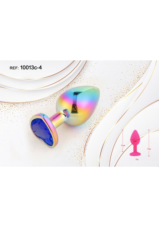 Plug anal metálico arcoíris irisado con base corazón y cristal azul