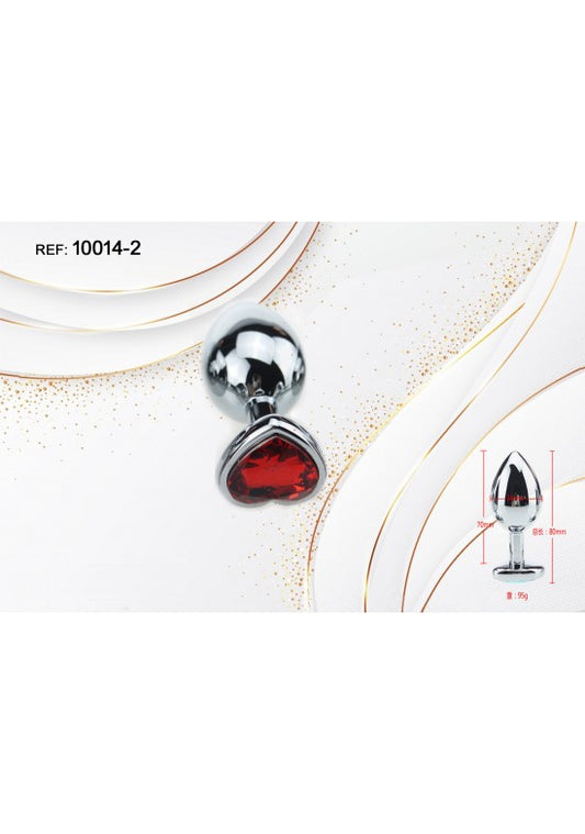 Plug anal de metal plateado con base decorativa en forma de corazón y cristal rojo