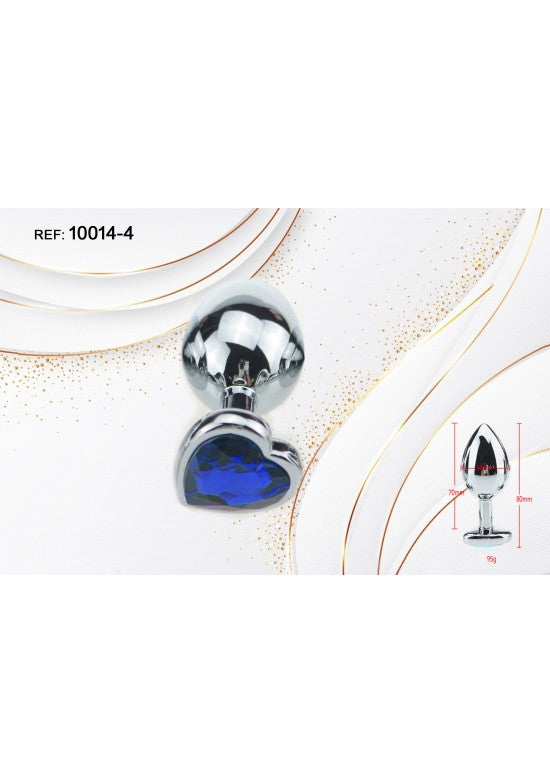 Plug anal de metal plateado con base decorativa en forma de corazón y cristal azul