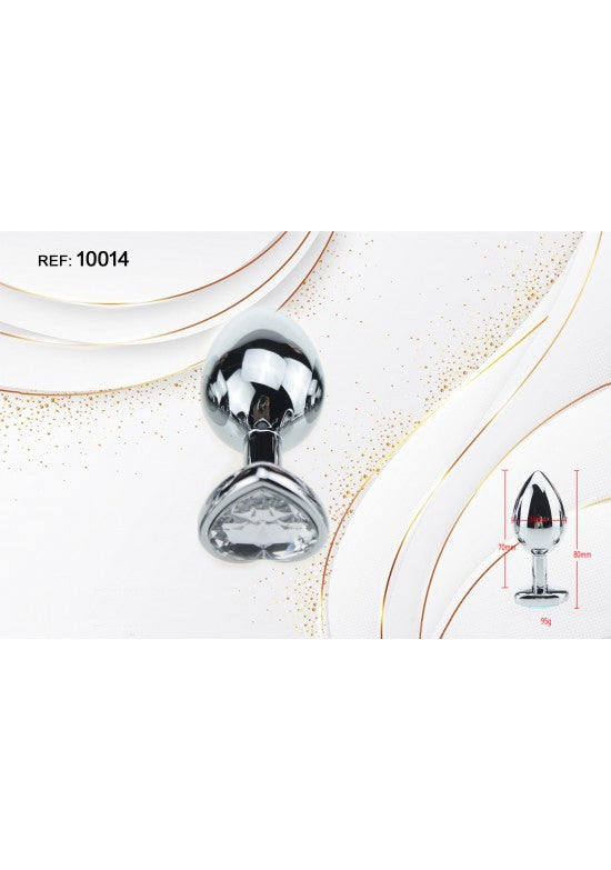 Plug anal metálico plateado con base corazón y cristal transparente