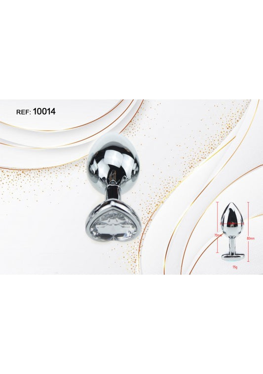 Plug anal metálico plateado con base corazón y cristal transparente
