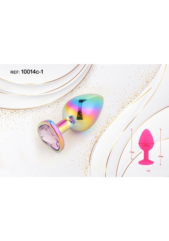 Plug anal metálico arcoíris iridiscente con joya corazón rosa talla S