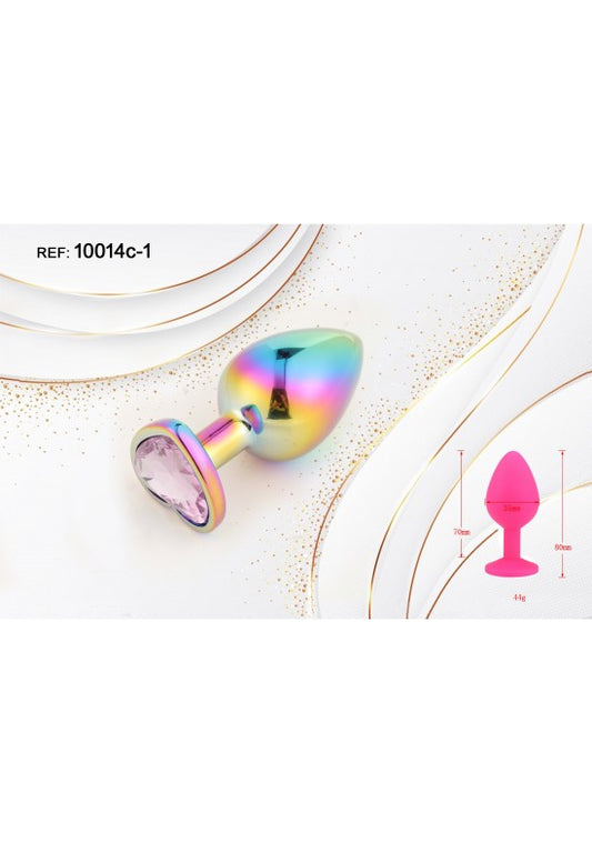 Plug anal metálico arcoíris iridiscente con joya corazón rosa talla S