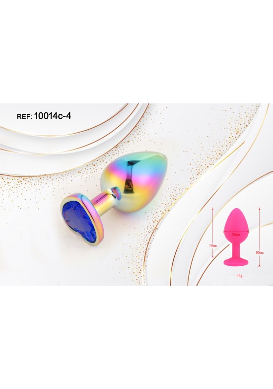 Plug anal metálico arcoíris iridiscente con joya corazón azul talla S