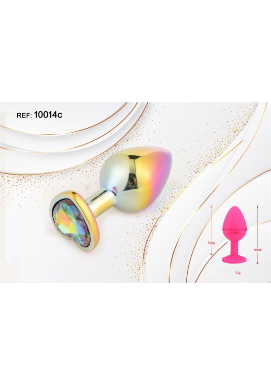Plug anal metálico acabado arcoíris con cristal corazón multicolor facetado