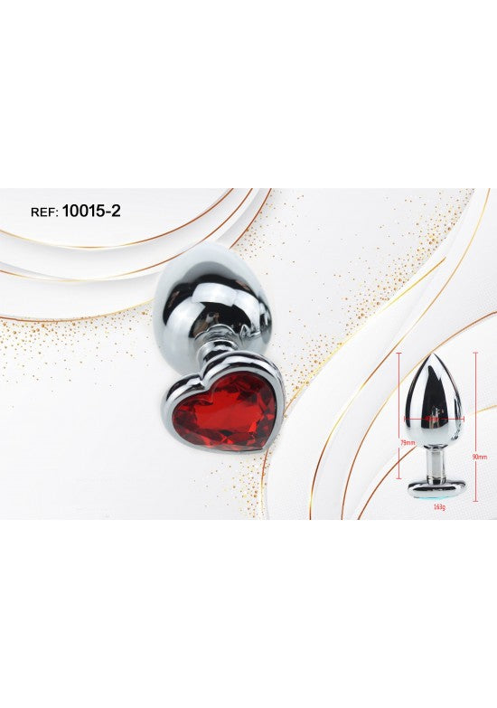Plug anal metálico plateado con joya corazón color rojo rubí en la base