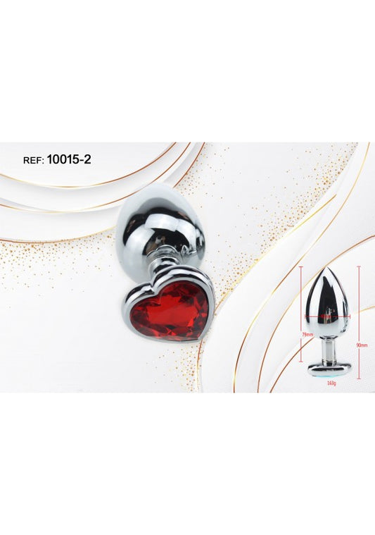 Plug anal metálico plateado con joya corazón color rojo rubí en la base