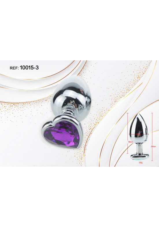 Plug anal metálico plateado con joya corazón color lila amatista en la base