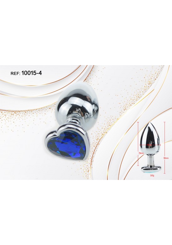 Plug anal metálico plateado con joya corazón azul zafiro en la base