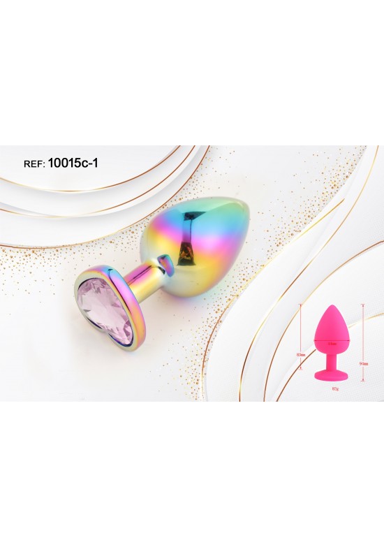 Plug anal metálico multicolor con joya rosa en forma de corazón en la base