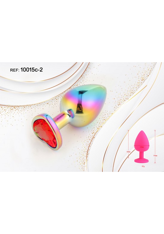 Plug anal metálico multicolor con joya roja en forma de corazón en la base