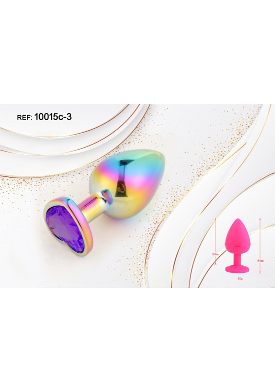 Plug anal metálico multicolor con joya lila en forma de corazón en la base