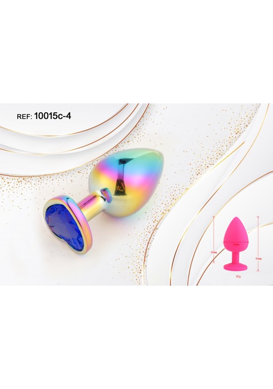 Plug metálico iridiscente con joya decorativa en forma de corazón azul