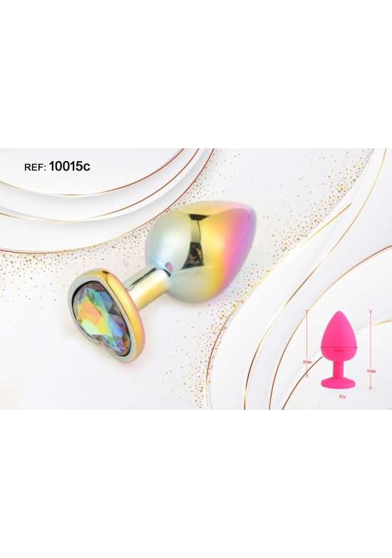 Plug anal metálico multicolor con joya tornasol en forma de corazón en la base