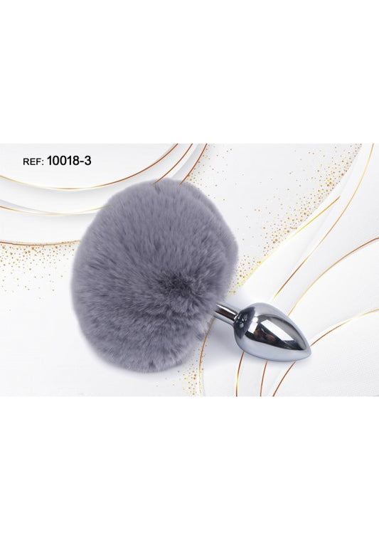 Plug anal metálico plateado con pompón decorativo de pelo gris