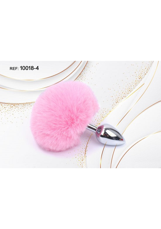 Plug anal metálico plateado con pompón de pelo sintético rosa