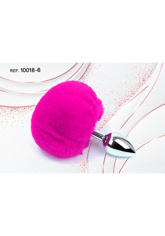 Plug anal de acero inoxidable con pompón esponjoso rosa fucsia