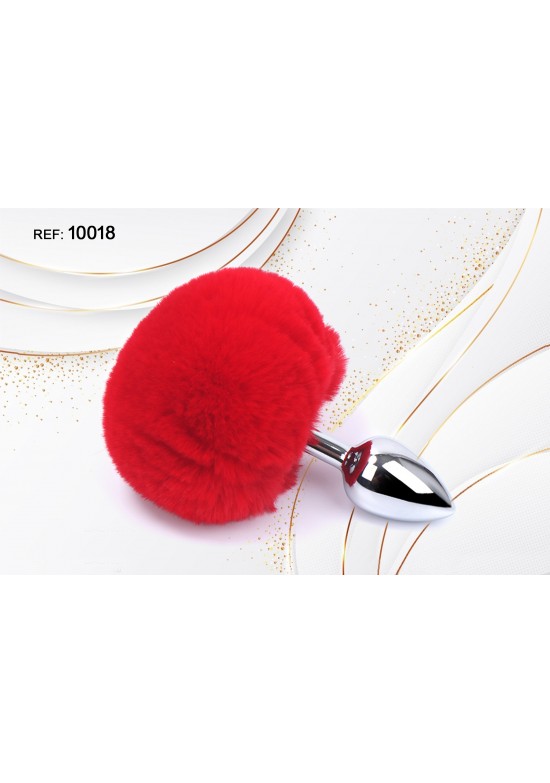 Plug metálico cromado con pompón esponjoso rojo