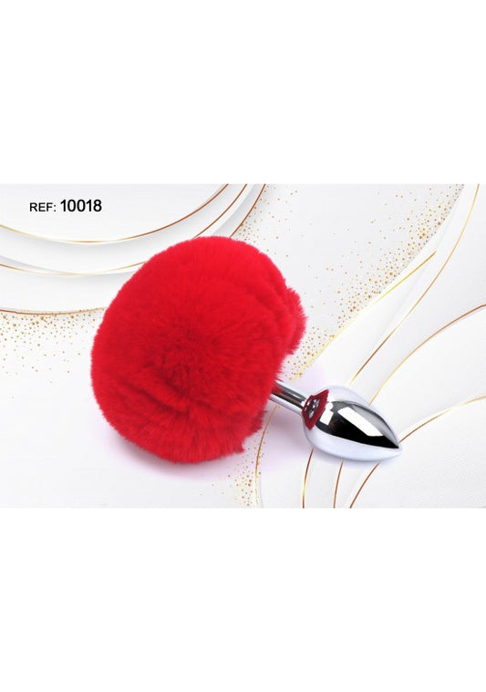 Plug metálico cromado con pompón esponjoso rojo