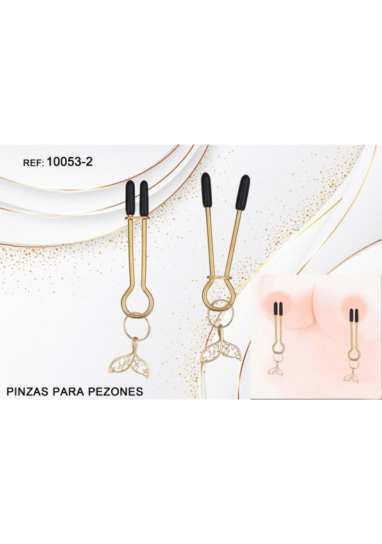 Pinzas para pezones doradas con punta de silicona negra y colgante cola de sirena