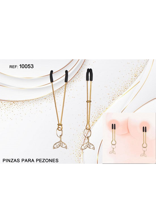Pinzas para pezones doradas con colgante cola de sirena y puntas de silicona negra