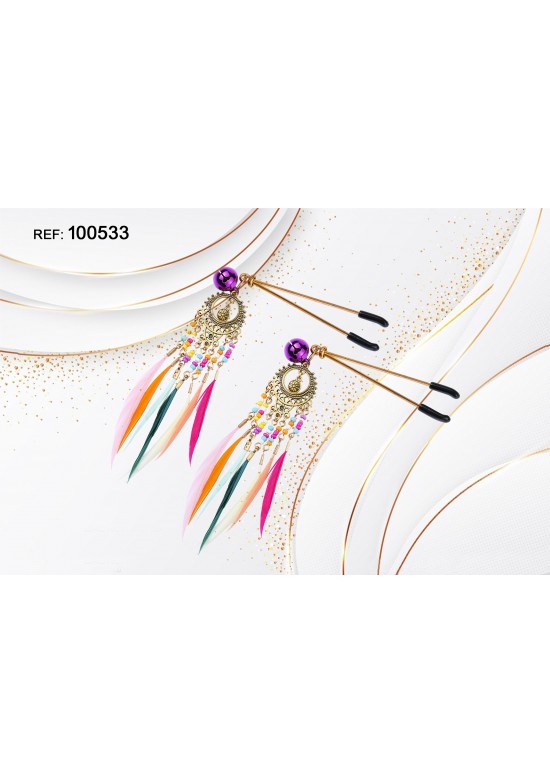 Pinzas corporales decorativas con plumas multicolor y cuentas doradas estilo boho