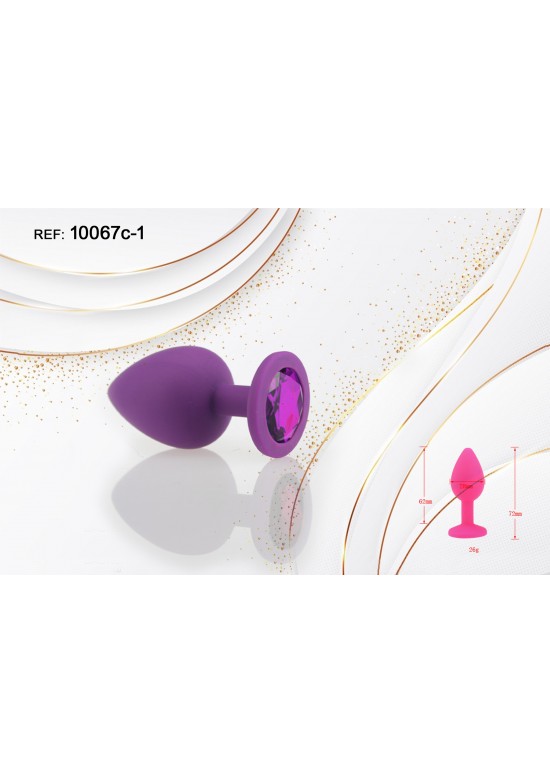 Plug anal de silicona morada con cristal decorativo fucsia, talla S
