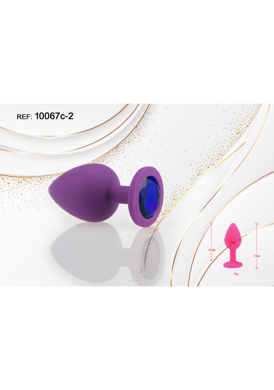 Plug de silicona morado con cristal decorativo azul, talla extra pequeña