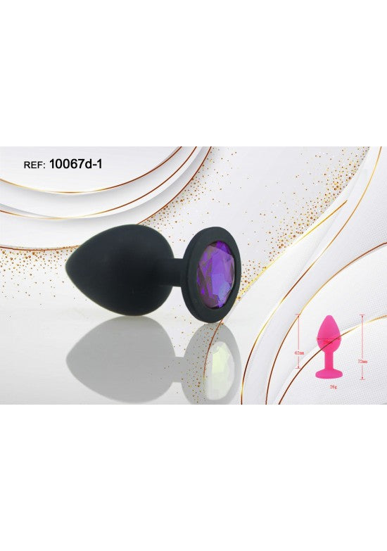 Plug anal de silicona negra con cristal decorativo morado, talla S