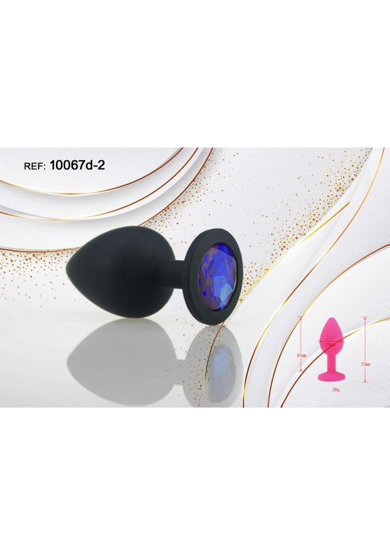 Plug anal de silicona negra con joya decorativa azul zafiro y base redonda, talla S