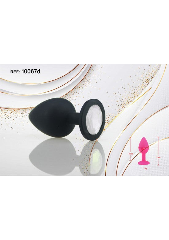 Plug anal de silicona negra con cristal decorativo blanco transparente, talla S