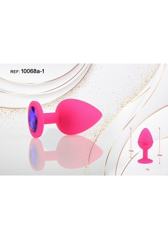 Plug anal de silicona rosa fucsia con joya decorativa azul zafiro, talla S