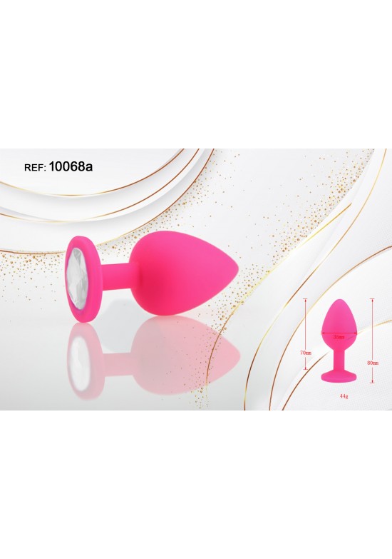 Plug anal de silicona rosa fucsia con joya decorativa blanca cristal, talla S