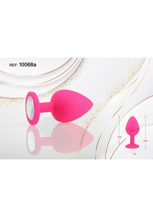 Plug anal de silicona rosa fucsia con joya decorativa blanca cristal, talla S