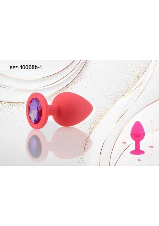 Plug anal de silicona rojo con gema lila en la base, talla S