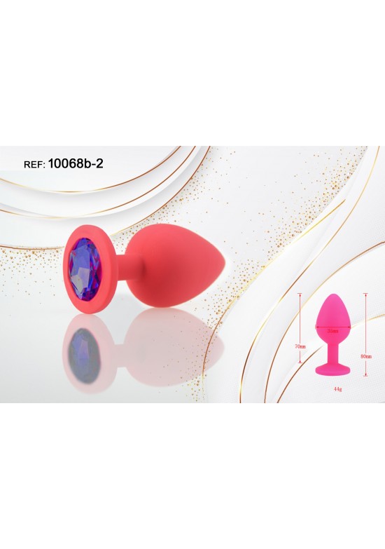Plug anal de silicona rojo con joya decorativa azul zafiro, talla S