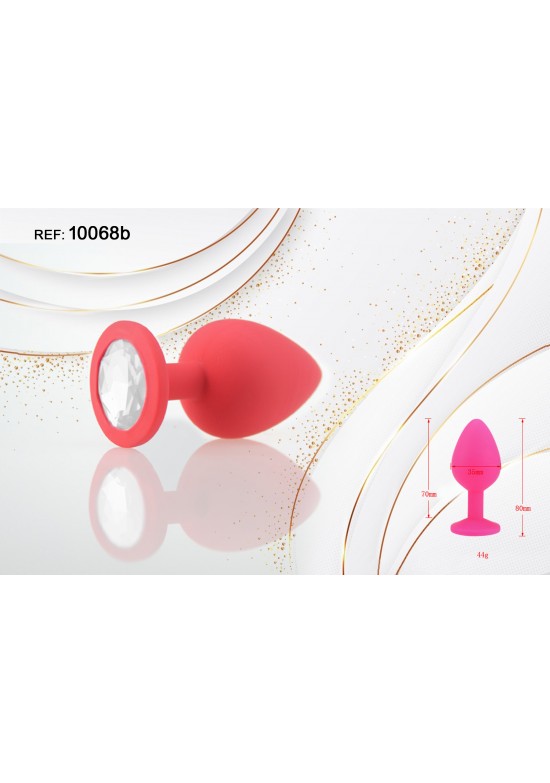 Plug anal de silicona rojo con joya decorativa blanca cristal, talla S